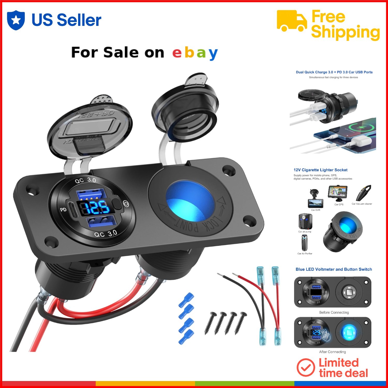 12V Marine USB Outlet Switch Panel Aluminum Car Charger with Volt Meter gallery