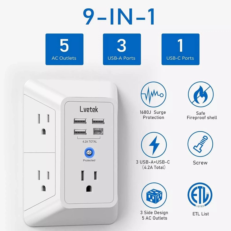 5 Outlet Extender Multi Plug Wall Outlets with 4 USB Charging Ports (1 USB C Out gallery