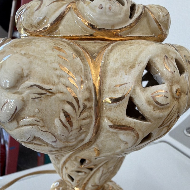 Antique Pair Beige Gold Ceramic Table Lamps w/ Metal Base, Corded, Knob Control gallery