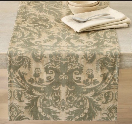 Pottery Barn Stella Damask Table Runner 18”x108” In Green NWT 100% Cotton gallery