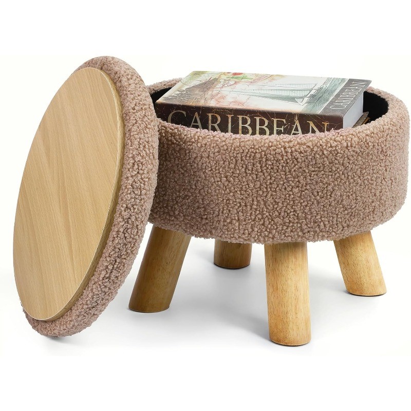 Small Round Ottoman with Storage, Boucle Teddy Velvet Footstool with Wood Legs gallery