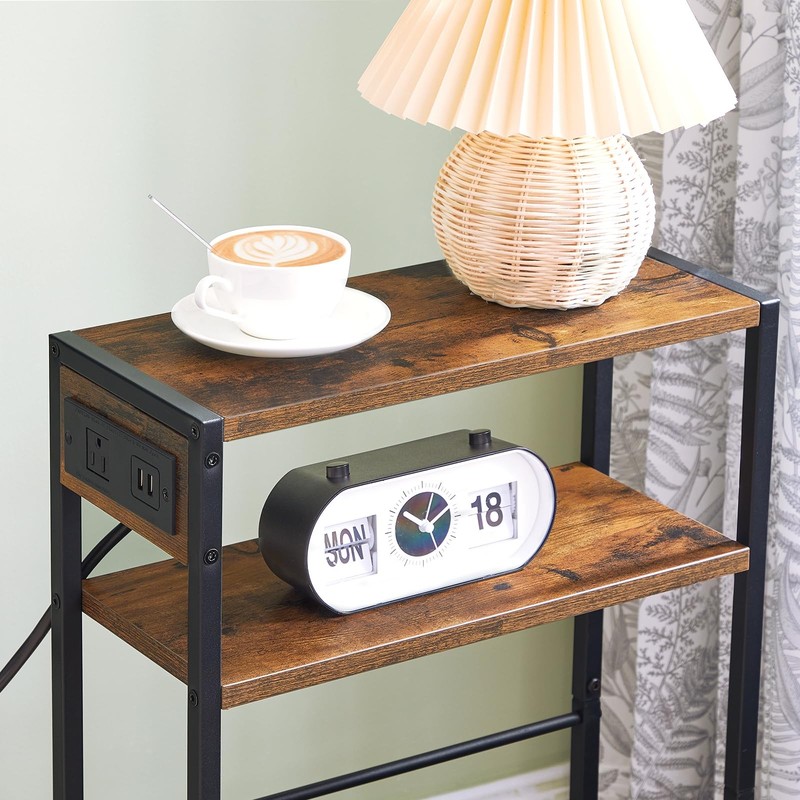 Narrow Side Table, Charging Station, Rustic Brown, Black, USB, Shelf, Skinny gallery