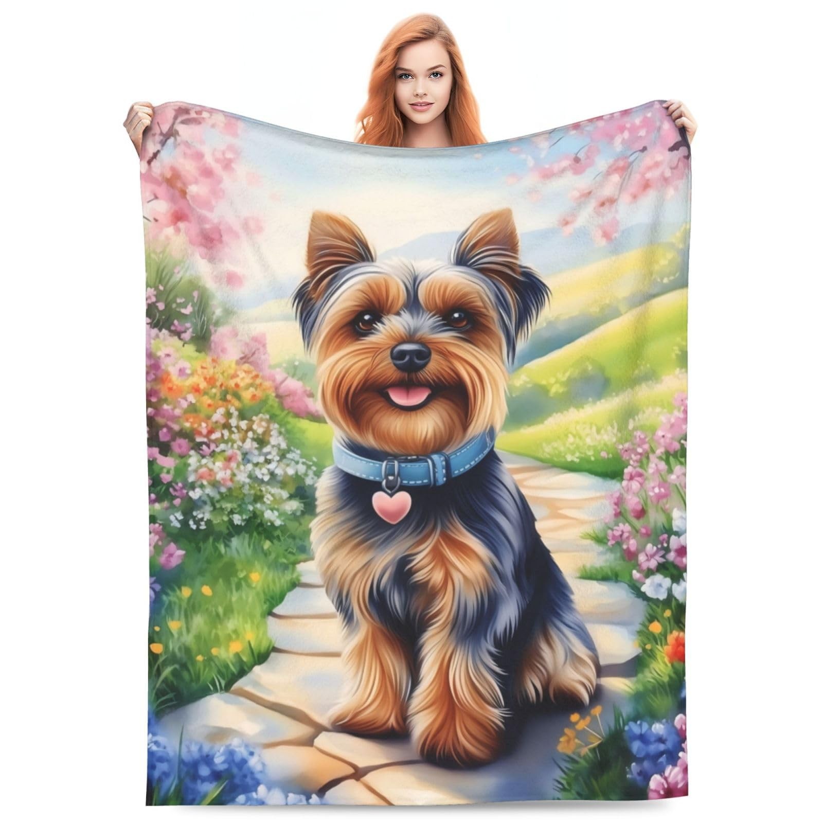 60x50 Inch Yorkshire Terrier Dog Flannel Throw Blanket Watercolor Floral gallery
