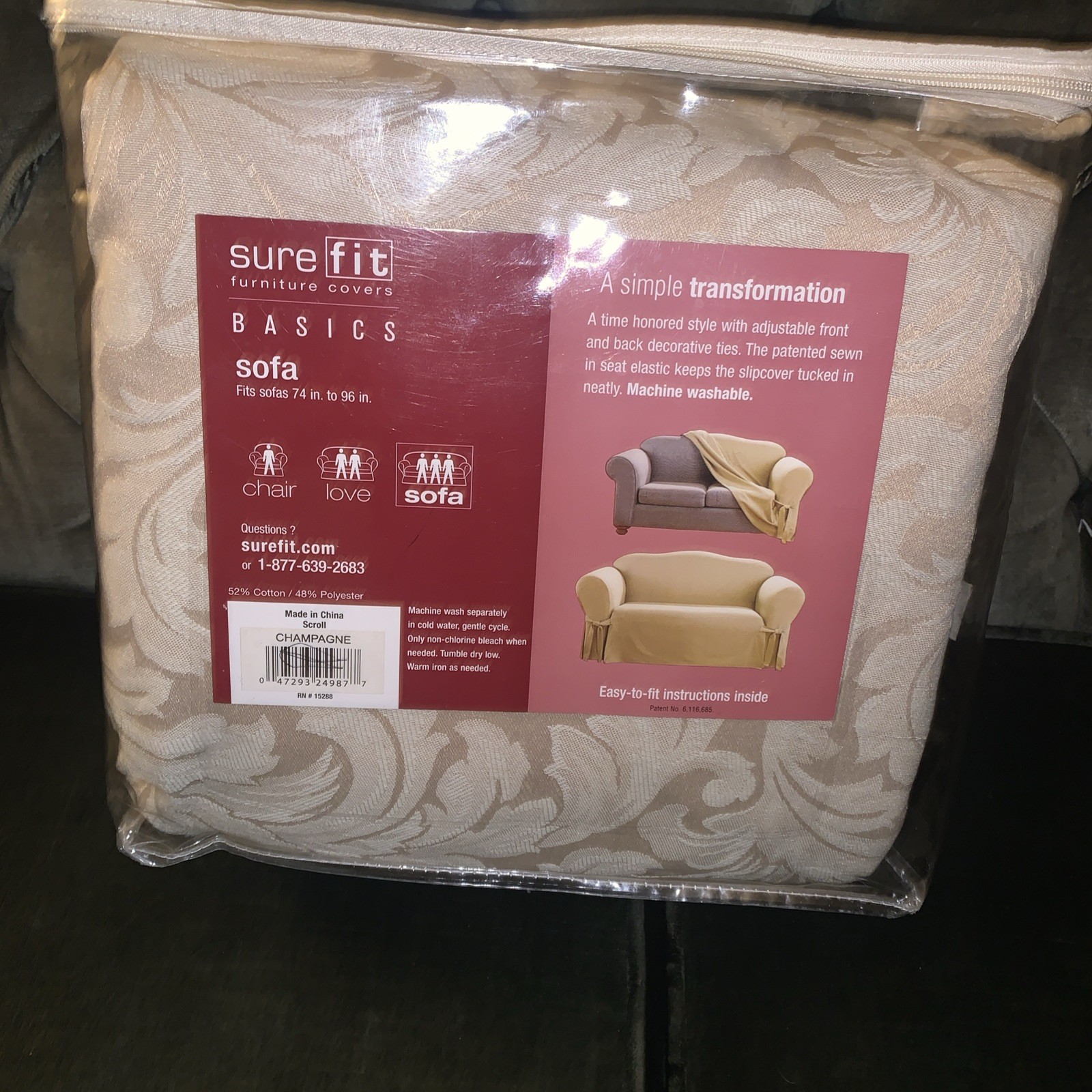 Vintage Sure Fit Basics Sofa Cover Champagne Scroll gallery