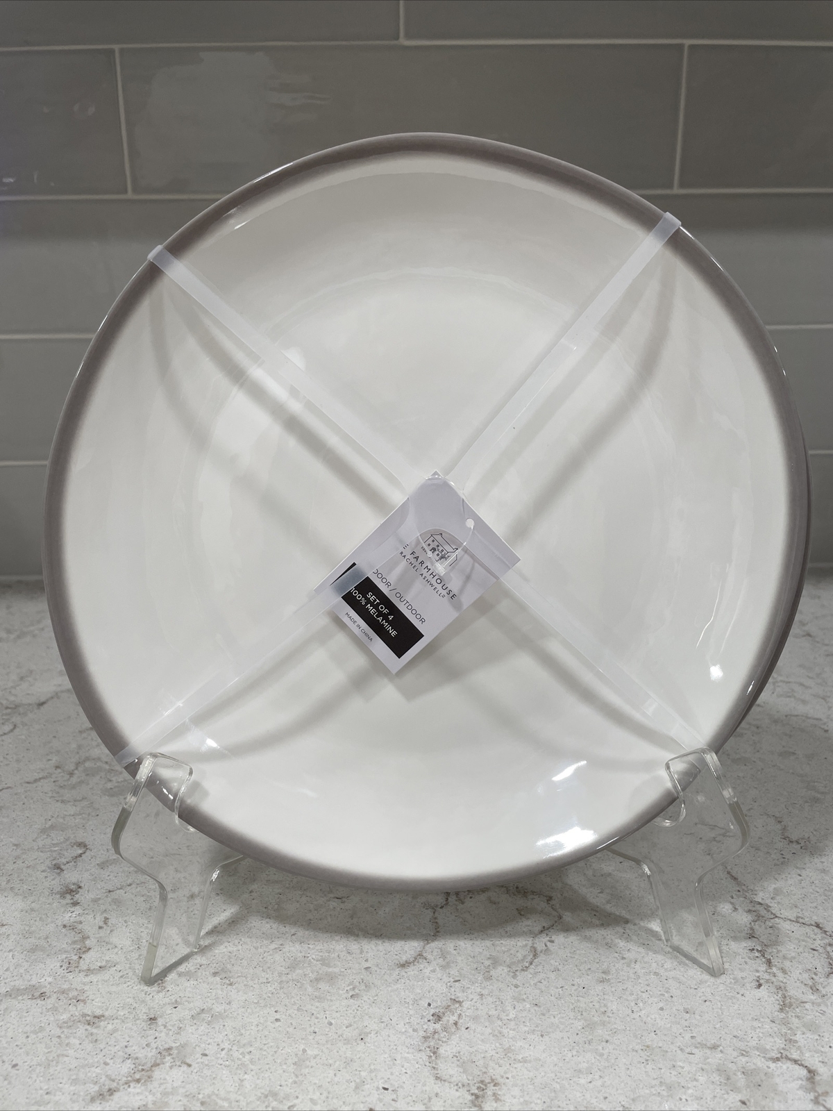 Set 4 WHITE TAUPE GRAY RIM 10.5” DINNER Plates MELAMINE Farmhouse / Panama Jack gallery