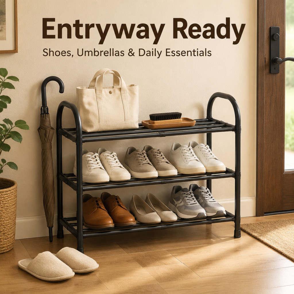 3-layer 3bar extendable shoe rack, saves space for storage, made of sturdy metal gallery