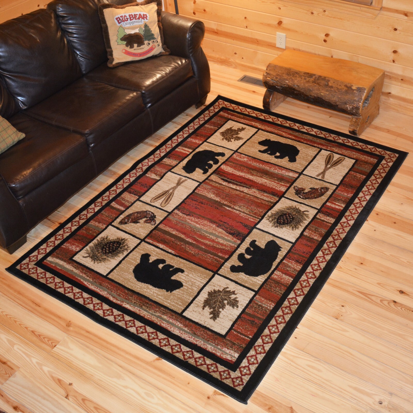 Hearthside Vogel Round Oval Runner Area Rug Lodge Cabin Bear Oar Black Red gallery