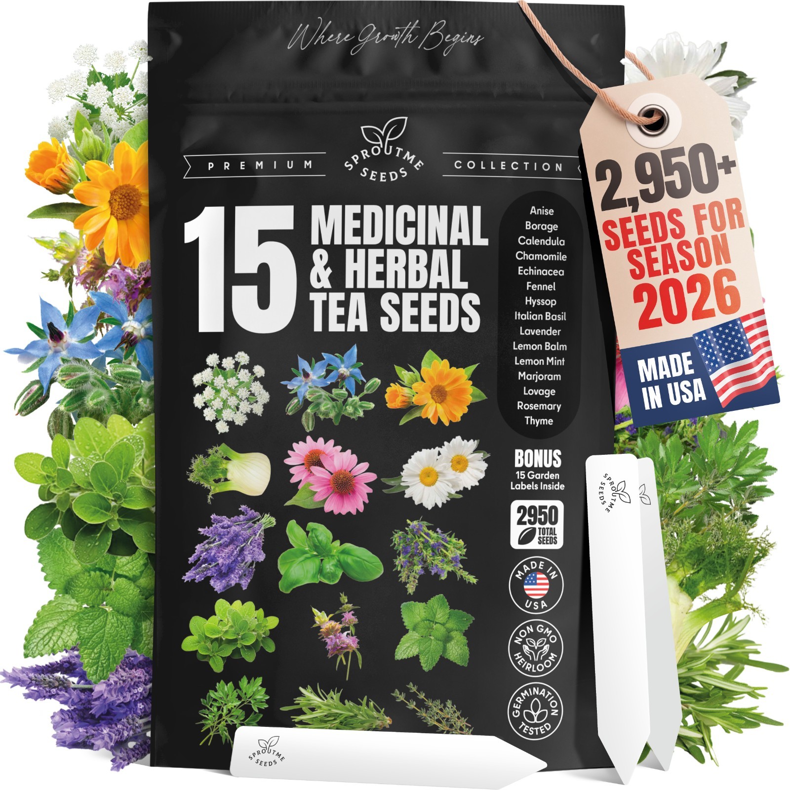 Medicinal Herb Tea Seed Kit: 15 Variety Pack, Plant Markers, USA Grown gallery