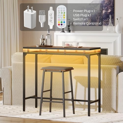Rustic Brown + Black LED Bar Table with LED Lights - Counter Height Bar Table gallery