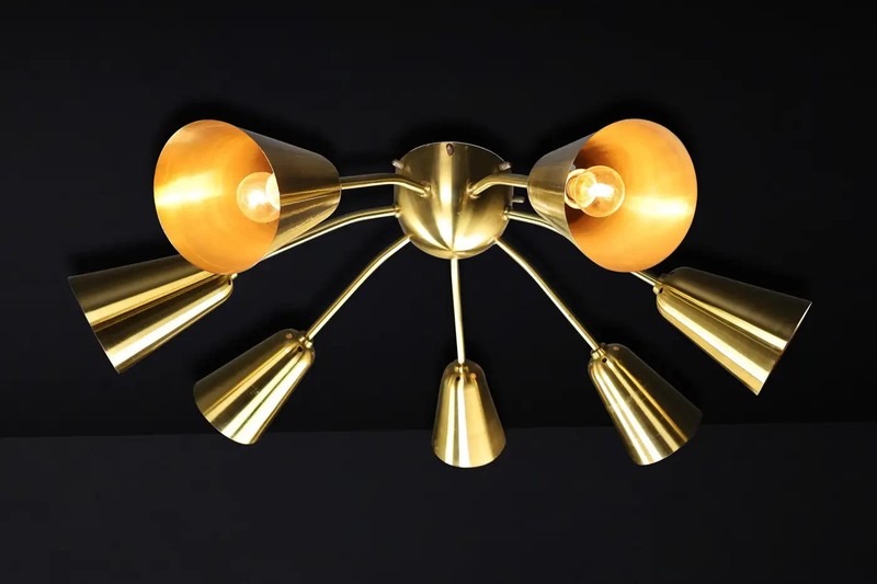 Italian Mid-Century Solid Brass Sputnik Chandelier 7 Lights Cone Shade by H D gallery