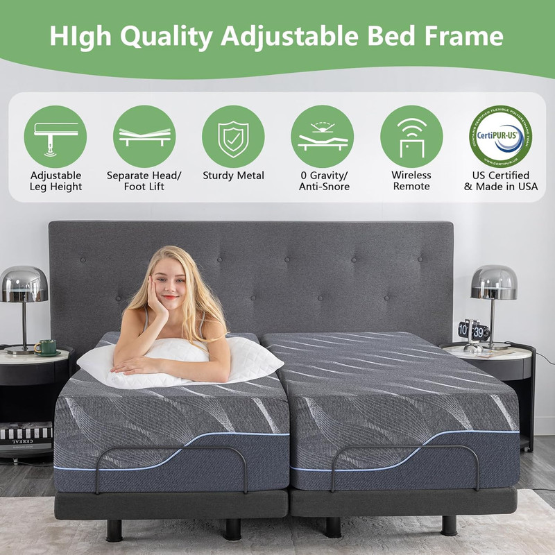 Split King Adjustable Bed Frame & 12" Gel Memory Foam Mattress - Wireless Remote gallery