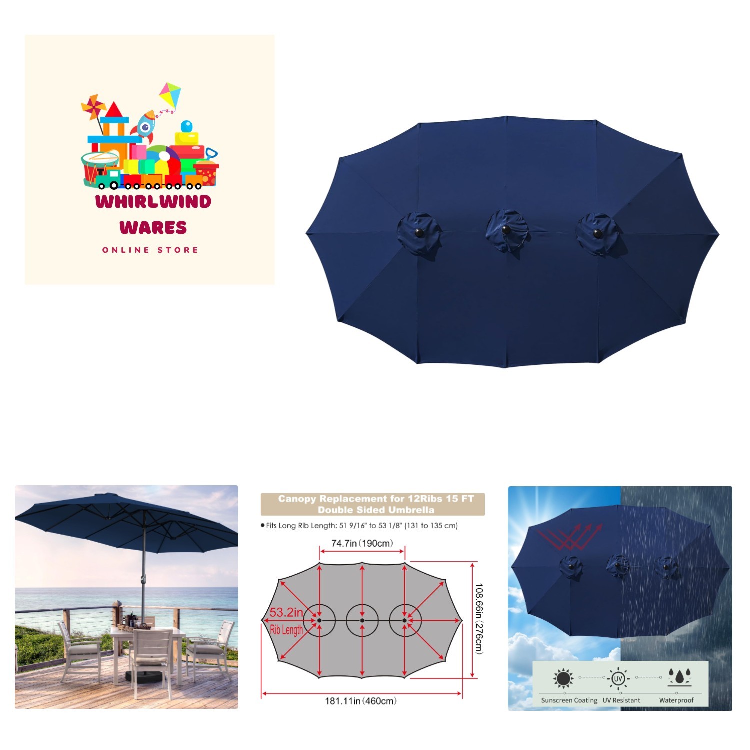 12 Ribs Umbrella Canopy Replacement for 15ft Double-Sided Patio Umbrella, Fra... gallery