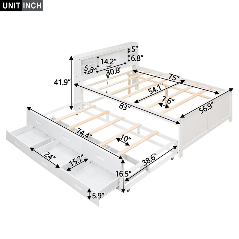 Full Size Platform Bed with Storage Headboard, USB, Twin Size Trundle and 3 Dr gallery
