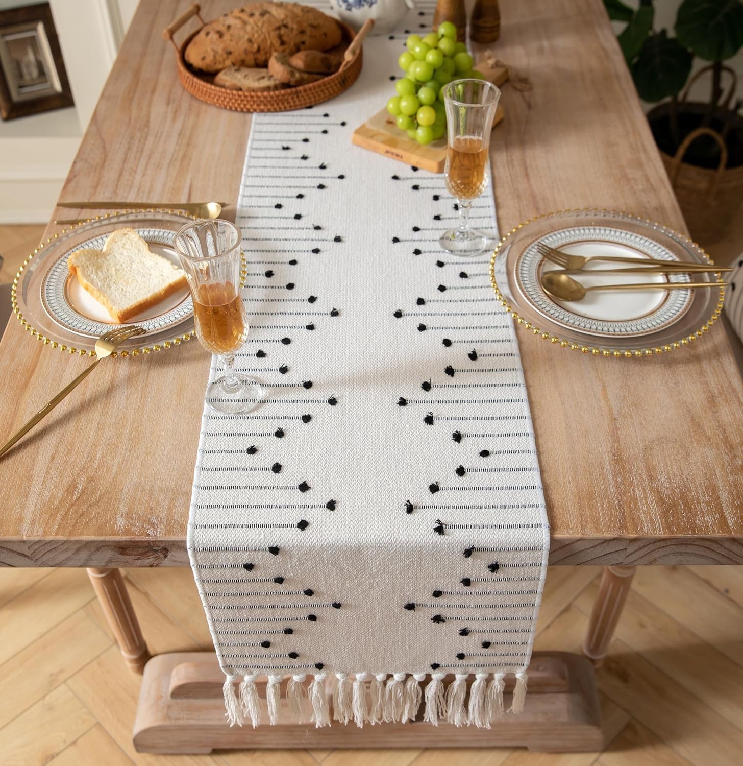 "Boho Table Runner 13 x 48 Inch Long Natural Cotton Woven 13x48Inch Taupe Beige gallery