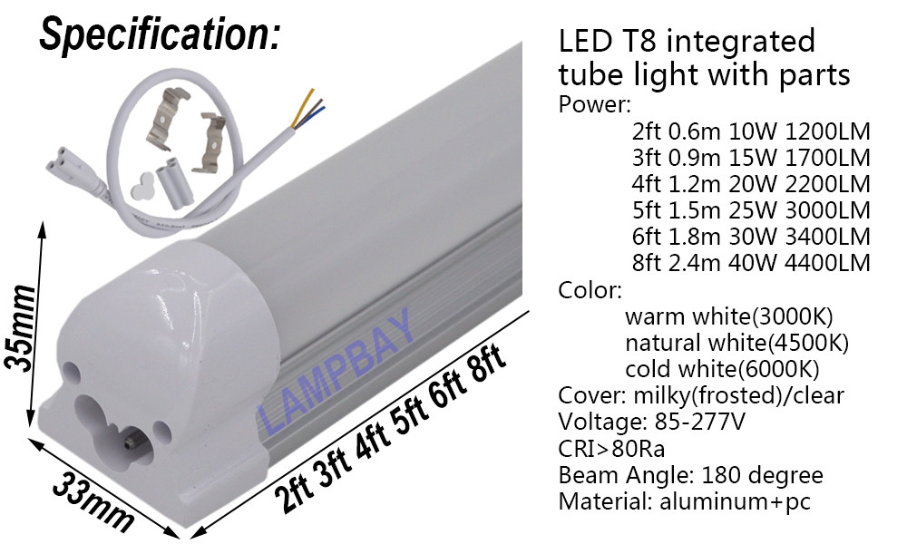 LED Tube Light 2ft 3ft 4ft 5ft 6ft 8ft T8 Integrated Bulb Fixture Linear Lamp gallery