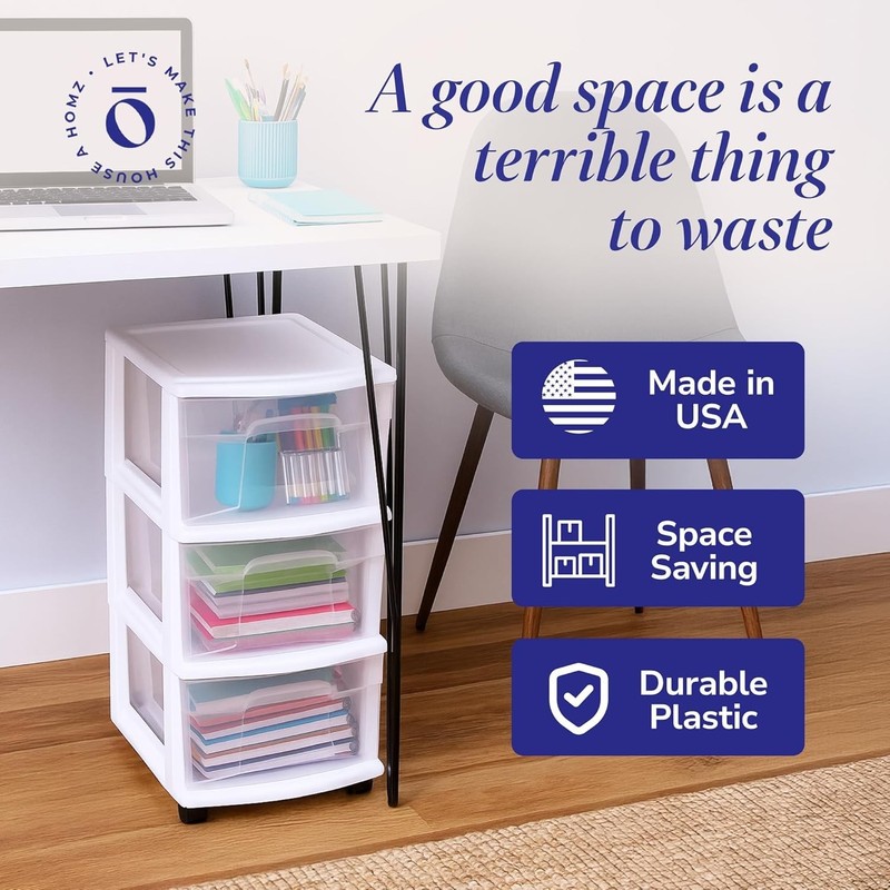 Drawer Tower, 3-Tier Rolling Storage Cart with Removable Wheels, White Frame ... gallery