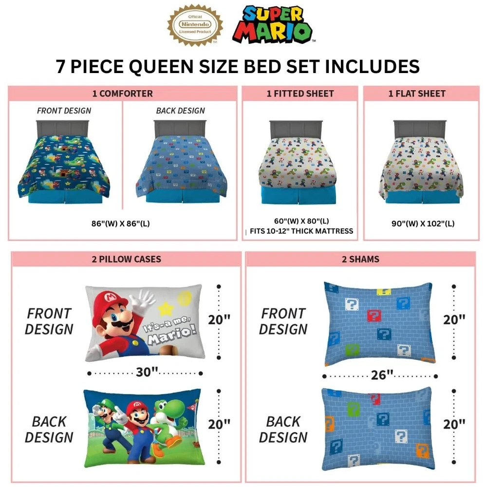 7 Piece Queen Size Super Mario Bros. Bedding Set Franco Kids Soft Comforter gallery