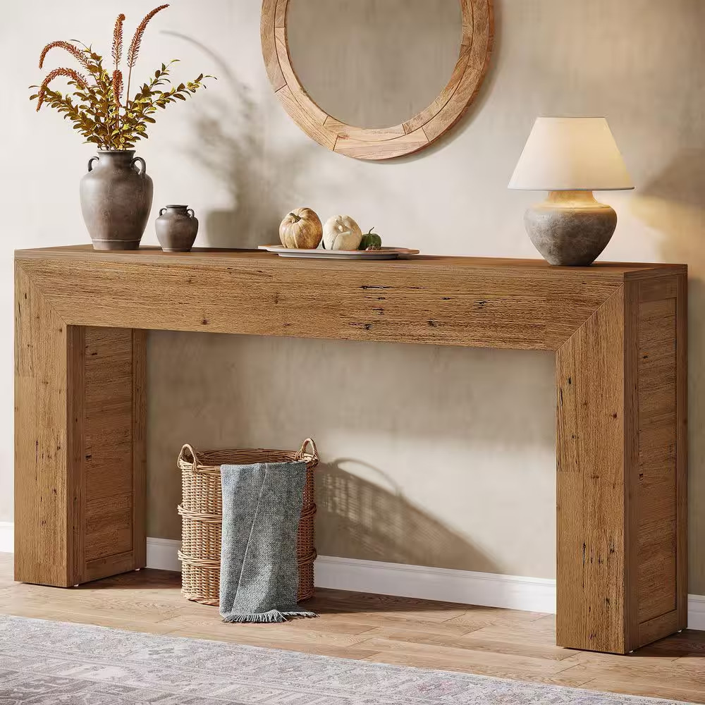 63 In. Brown Rectangle Engineered Wood Console Table, Sofa Table behind the Couc gallery