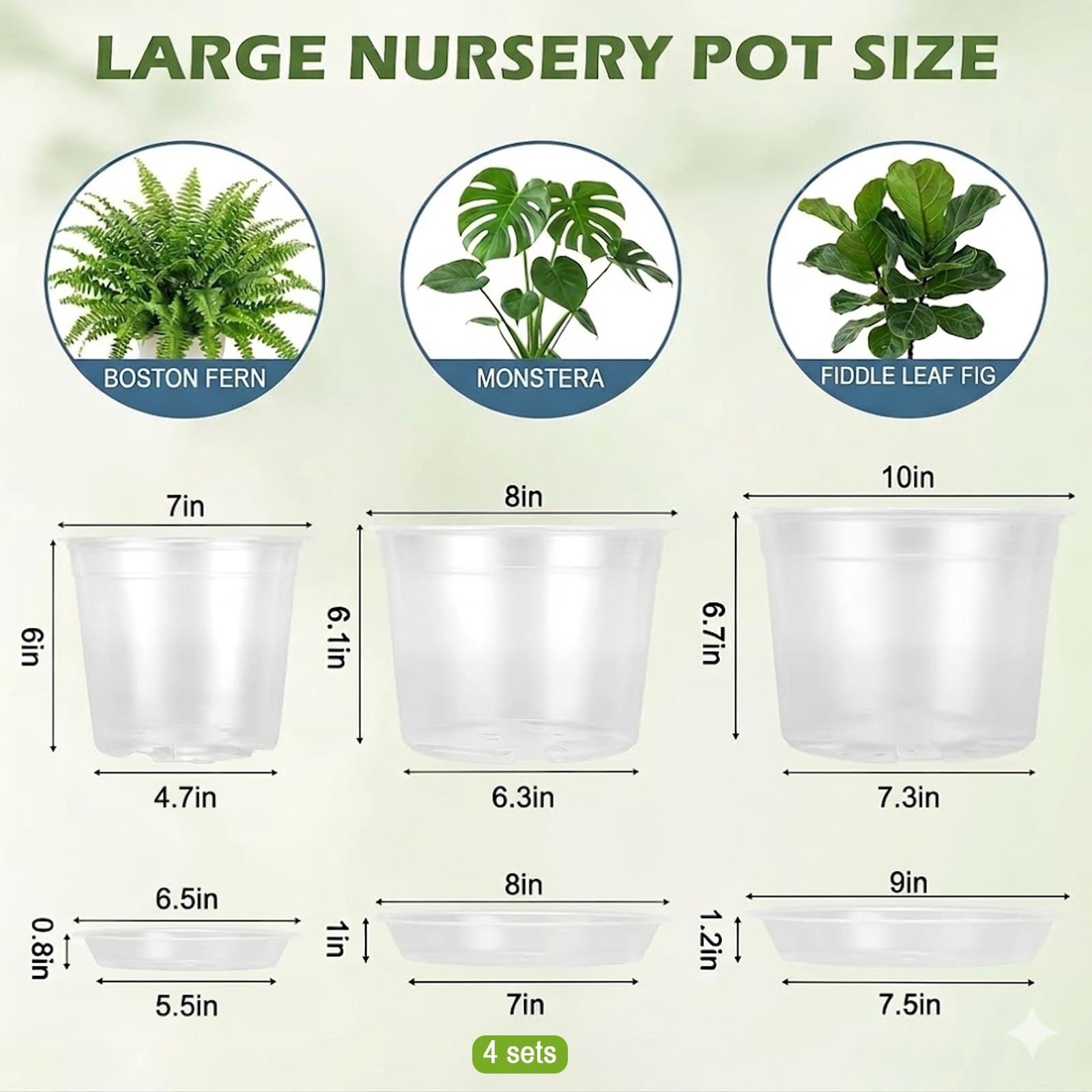 4 Sets 8 Inch Large Clear Nursery Pots with Drainage Holes, Thick Reusable Pl... gallery
