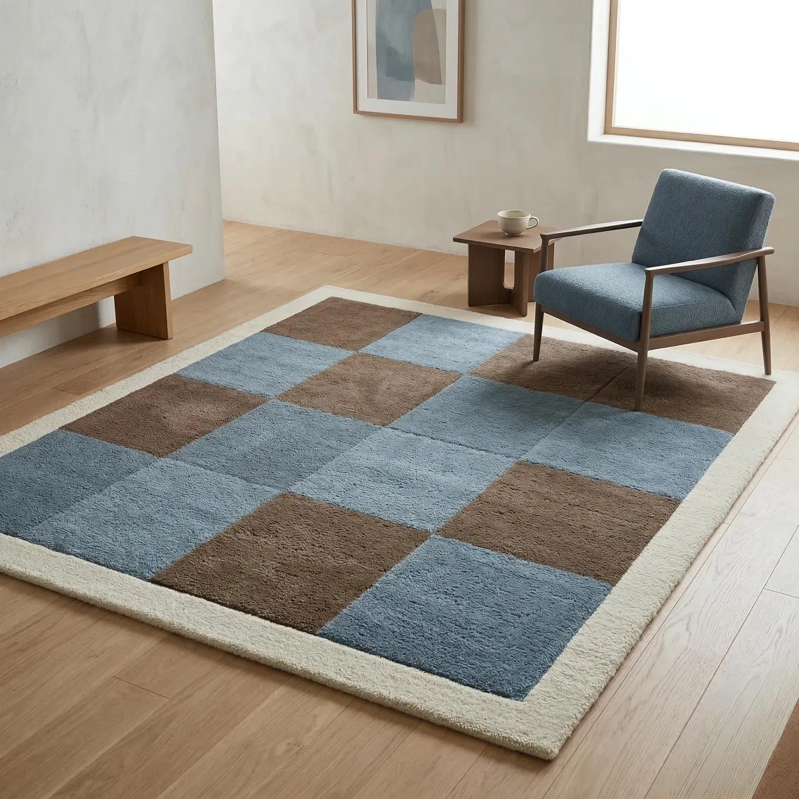 Hand Tufted Wool Rug: Modern Geometric Checkered Blue Brown handmade Area Carpet gallery