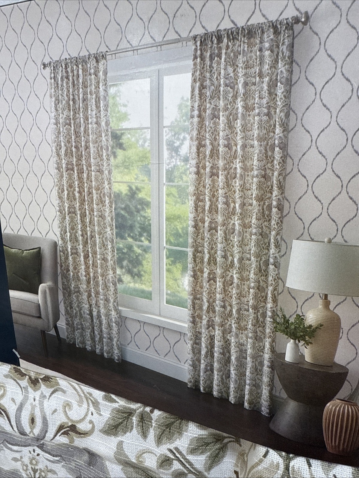 Set 2 Curated Kravet Elephant Damask Floral Rod Pocket Window Panels 96” New~ gallery