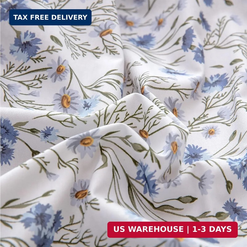 FADFAY 100% Cotton Percale Sheet Set California King - Blue Meadow Floral Beddin gallery
