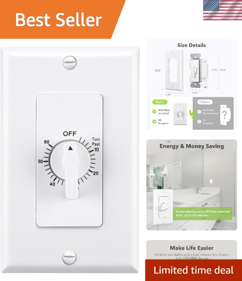 Versatile Mechanical Countdown Timer Switch for Exhaust Fan & Lights - 1 Pack gallery