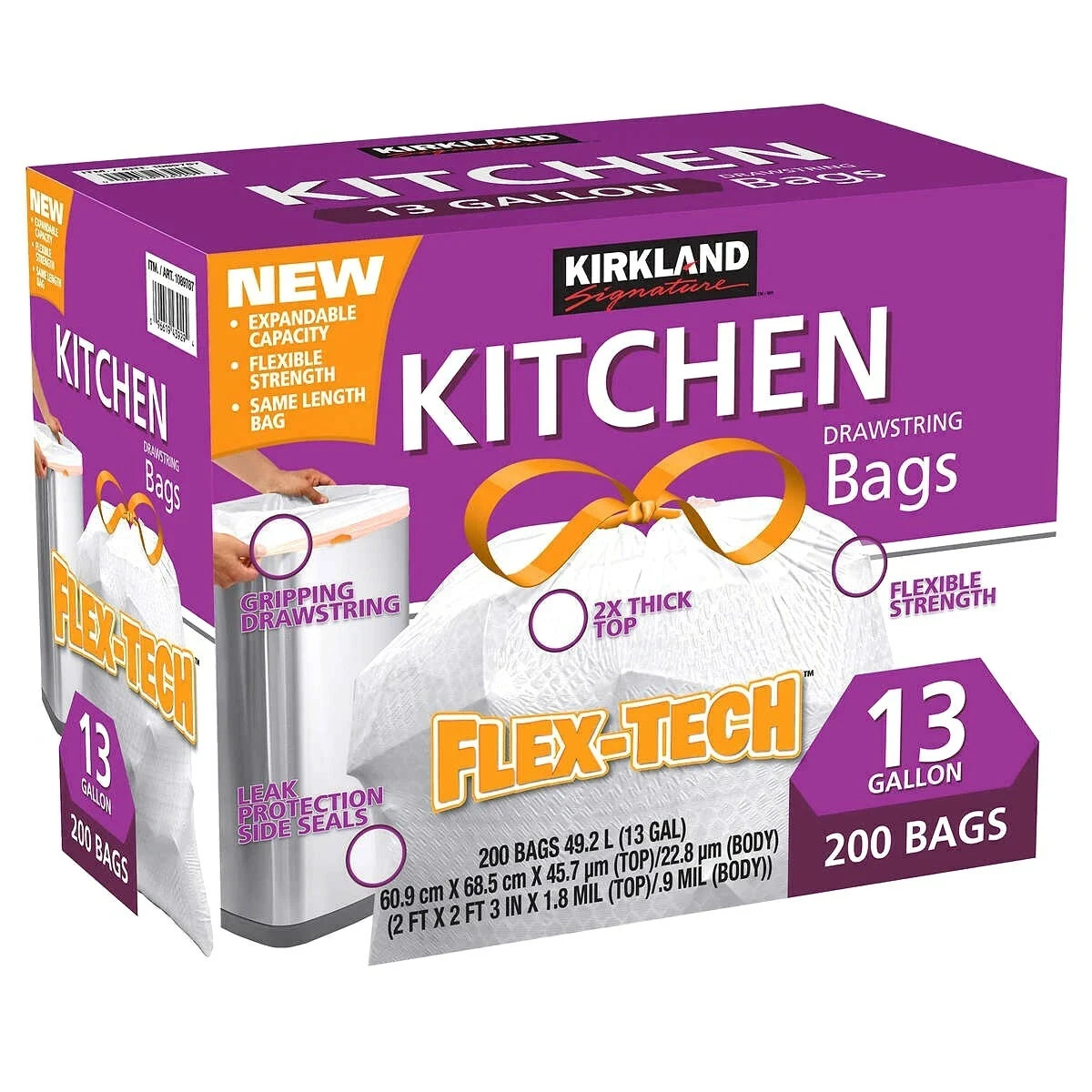 Kirkland Signature 50787 Flex Tech Drawstring Kitchen Trash Bag - 200 Count gallery
