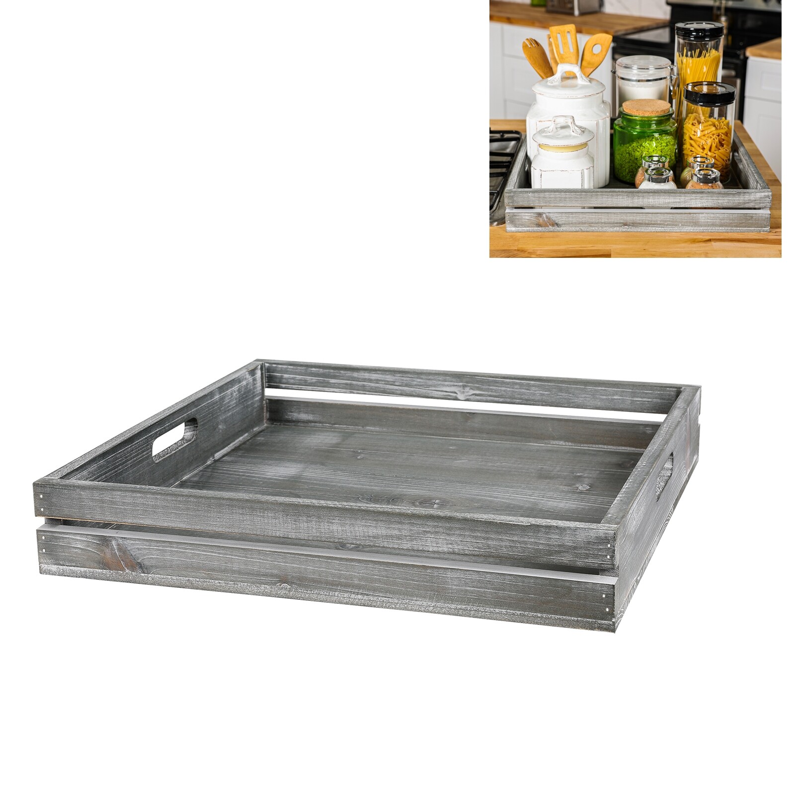 Rustic Wooden Large Serving Tray with Handles Great for Breakfast Coffee Tables gallery