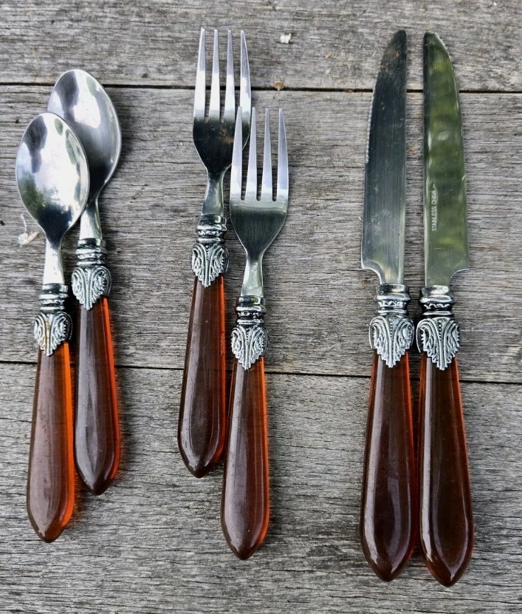 6 Pcs Stainless Steel Made In China Flatware Set Amber Color Bakelite? Acrylic? gallery