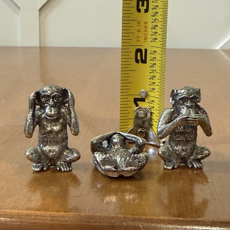 3 Wise Monkeys Mini Figures Set Decor Hear See Speak No Evil Silver Toned Metal gallery