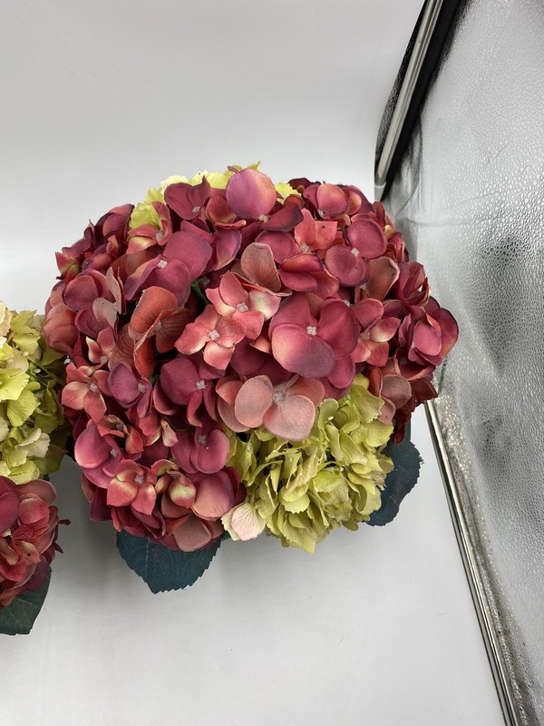 (2) Green & Burgundy Hydrangea Arrangement Nearly Natural w/Decorative Planter gallery