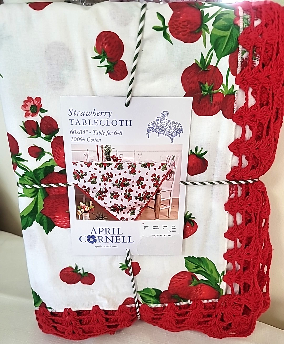 NWT April Cornell STRAWBERRY COTTON Tablecloth 60 X 84 RED Crocheted Trim gallery