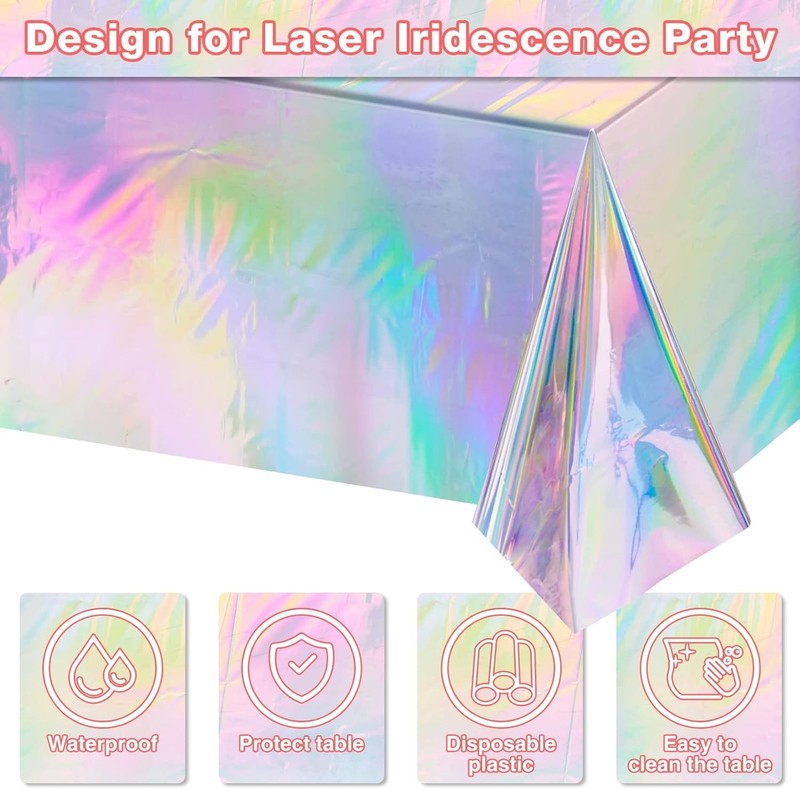 4 Pack Iridescent Plastic Tablecloths, Shiny Disposable Laser Rectangle Table... gallery