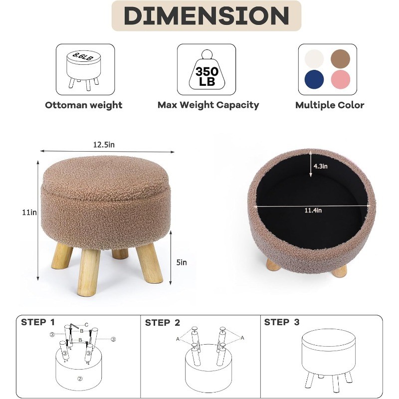 Small Round Ottoman with Storage, Boucle Teddy Velvet Footstool with Wood Legs gallery