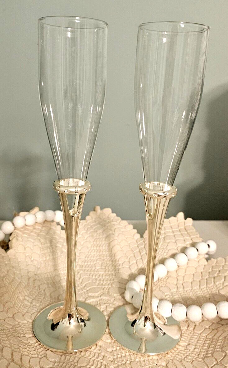 Lenox Devotion Wedding Champagne Glasses 2 Silver Plate Rhinestones Rings 9.5" gallery