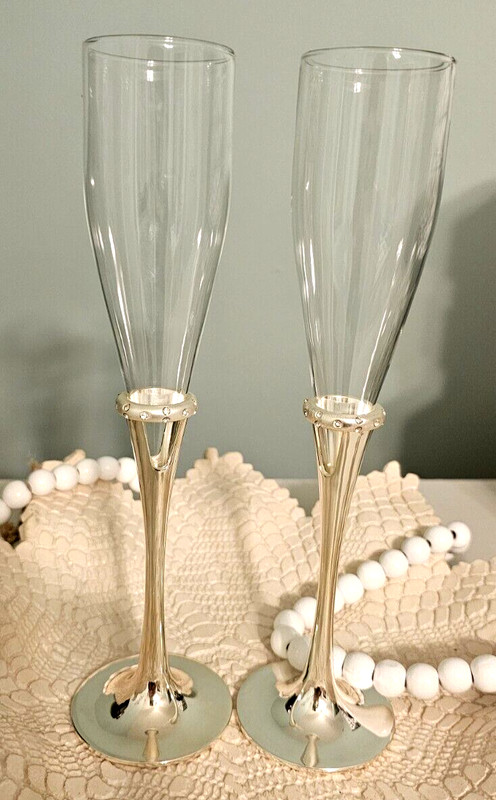 Lenox Devotion Wedding Champagne Glasses 2 Silver Plate Rhinestones Rings 9.5" gallery