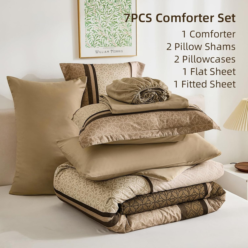 Queen Comforter Set 7 Piece Brown Striped Bed in Bag Geometric Bedding Set Soft gallery