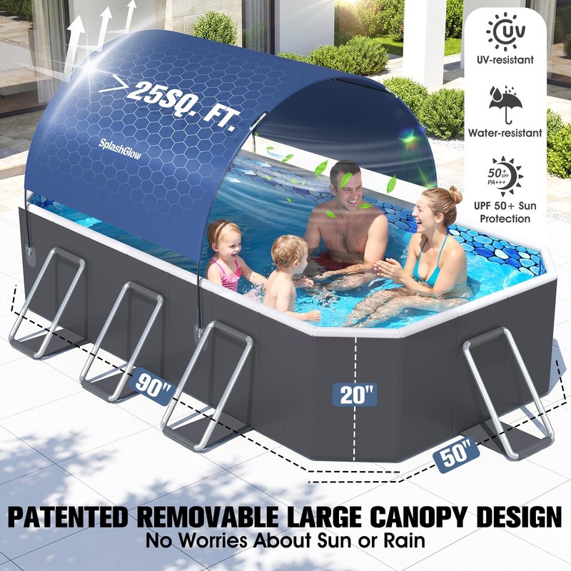 Foldable Pool Non Inflatable Large Pool with Canopy, 90x50x20 Inches gallery