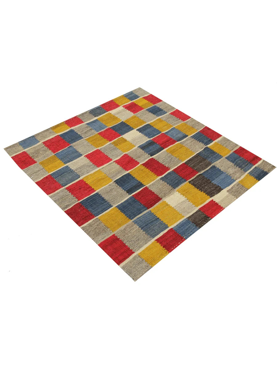 3x3 Handwoven Kilim Rug – Patchwork Geometric Multicolor Wool – Free US Shipping gallery