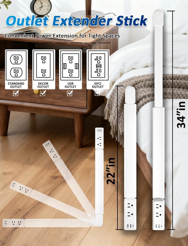 Eletrical Outlet Extender Stick 22"-34" Vertical Power Socket Expander with 2 AC gallery