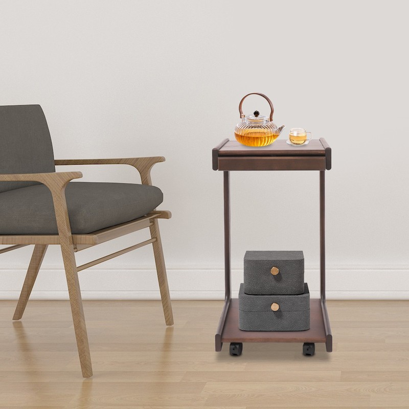 2-Tierd Solid Wood Bedside C-Shaped Side Table w/ Drawer & Lockable Wheels gallery