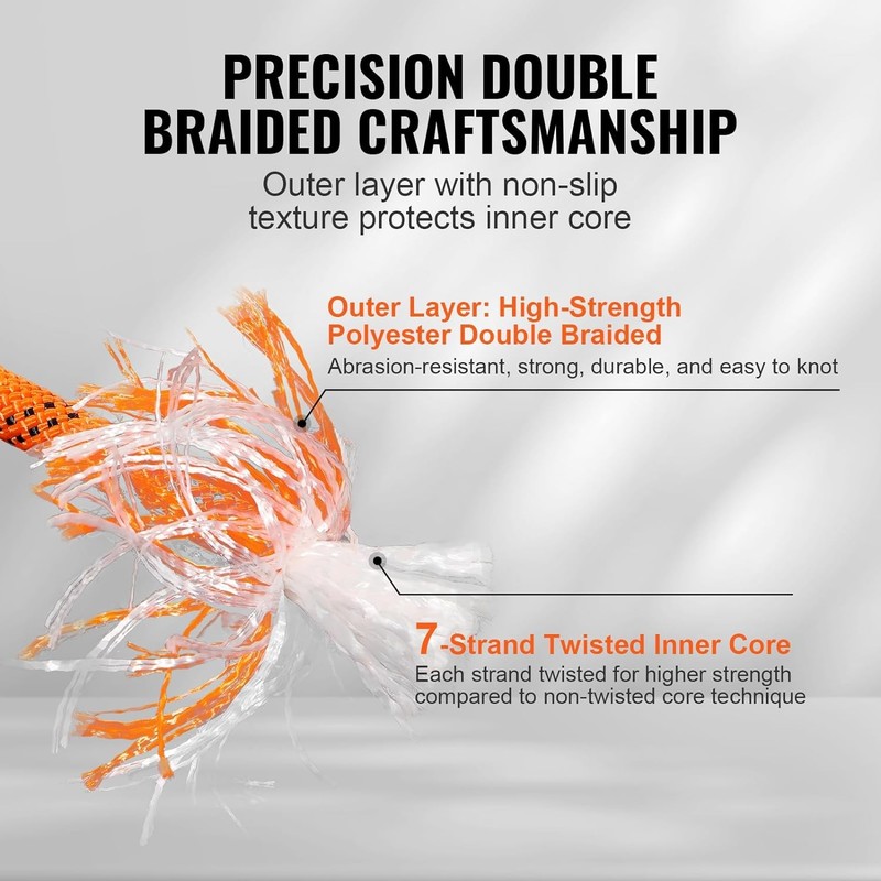 VEVOR Double Braided Polyester Rope, 1/2 in x 120 Inch x 120 FT, Orange gallery