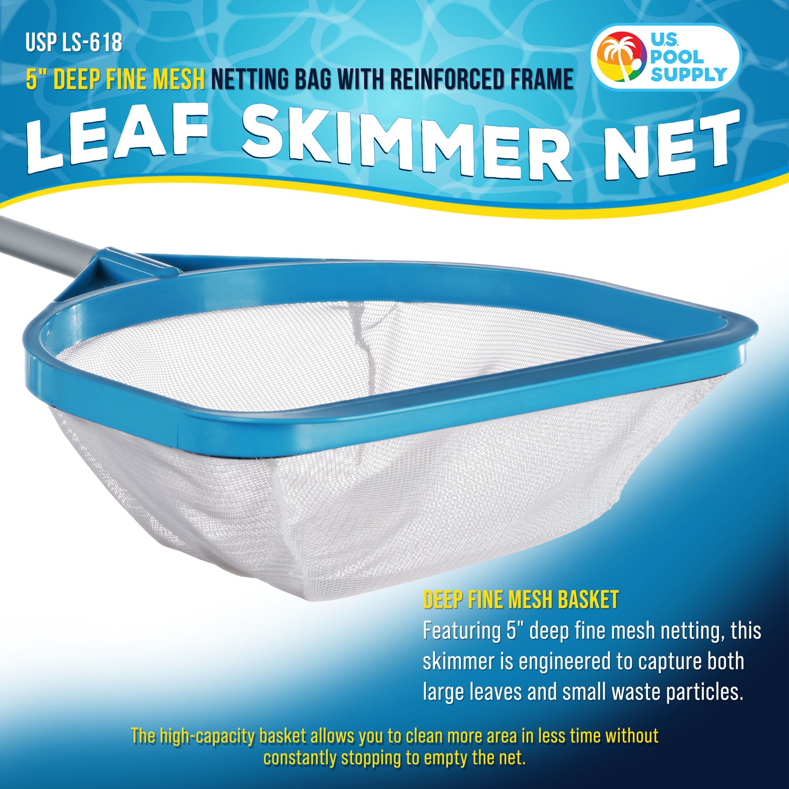 30" Handheld Fine Mesh Pool Skimmer Net - 17" Handle, Deep Leaf Netting gallery