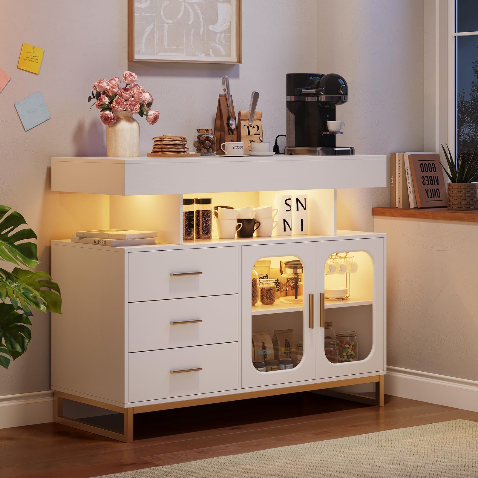 LED Buffet Cabinet Dimmable Sideboard Coffee Bar W/ Charging Station & RGB Light gallery