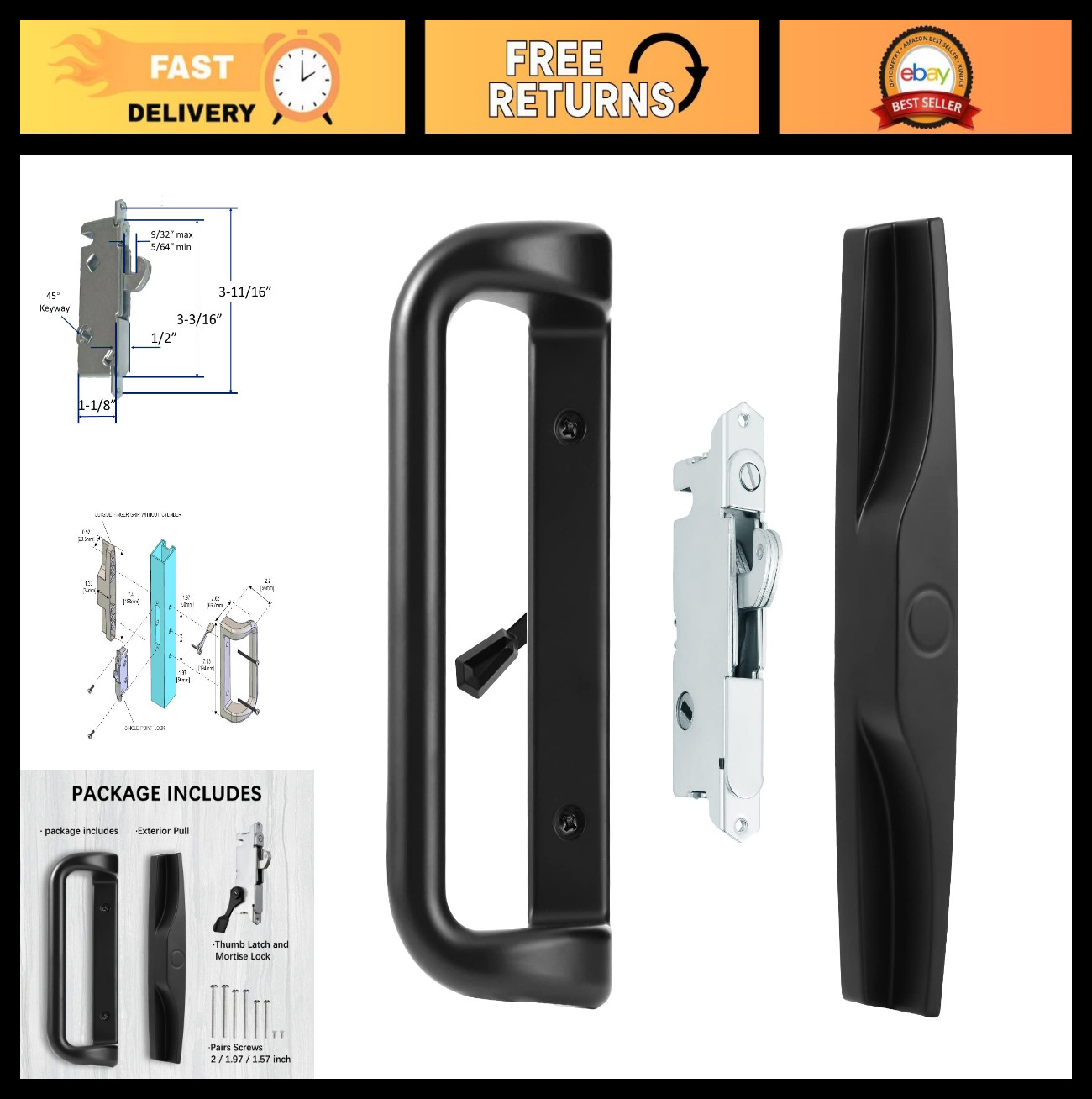 Sliding Patio Door Handle Set with Mortise Lock, 3-15/16" Spacing, Fits 1-1/4" t gallery