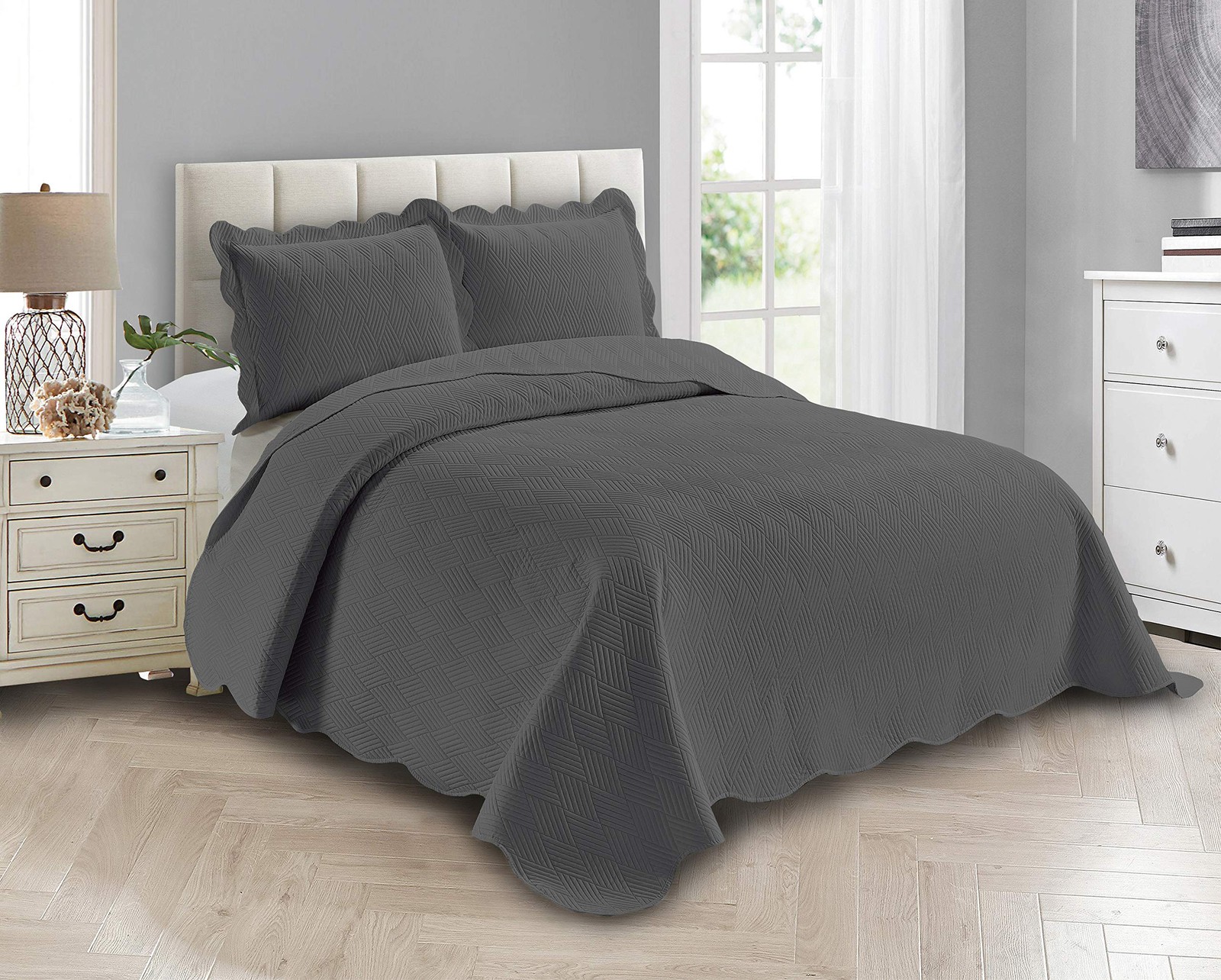 Luxury Oversized Coverlet Embossed Bedspread Set Solid Charcoal Full/queen Bed C gallery