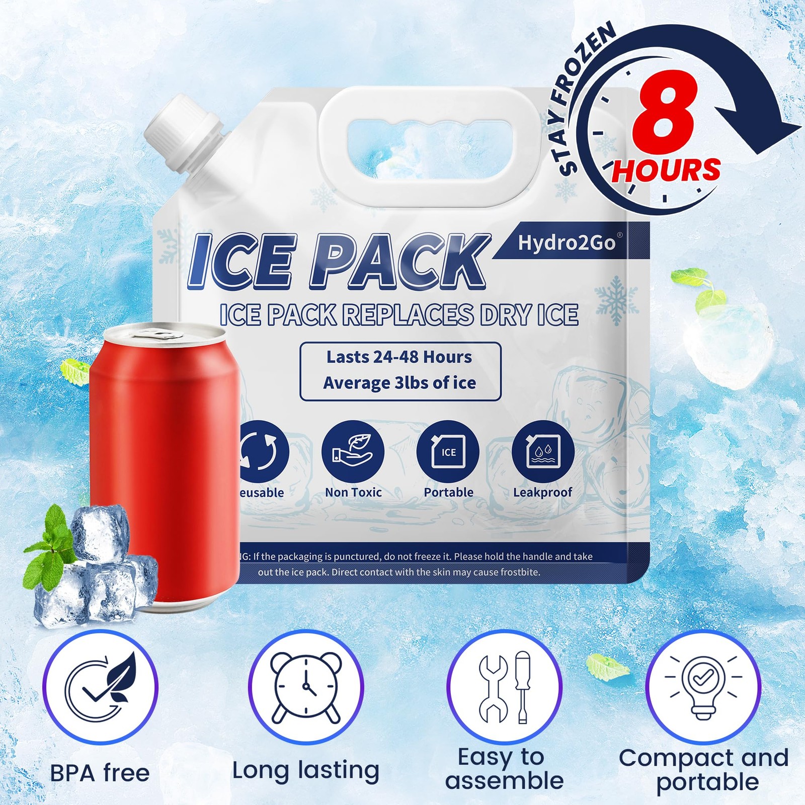 Reusable Ice Packs for Cooler, Long Lasting Freezer 3lbs ice, White, Blue gallery