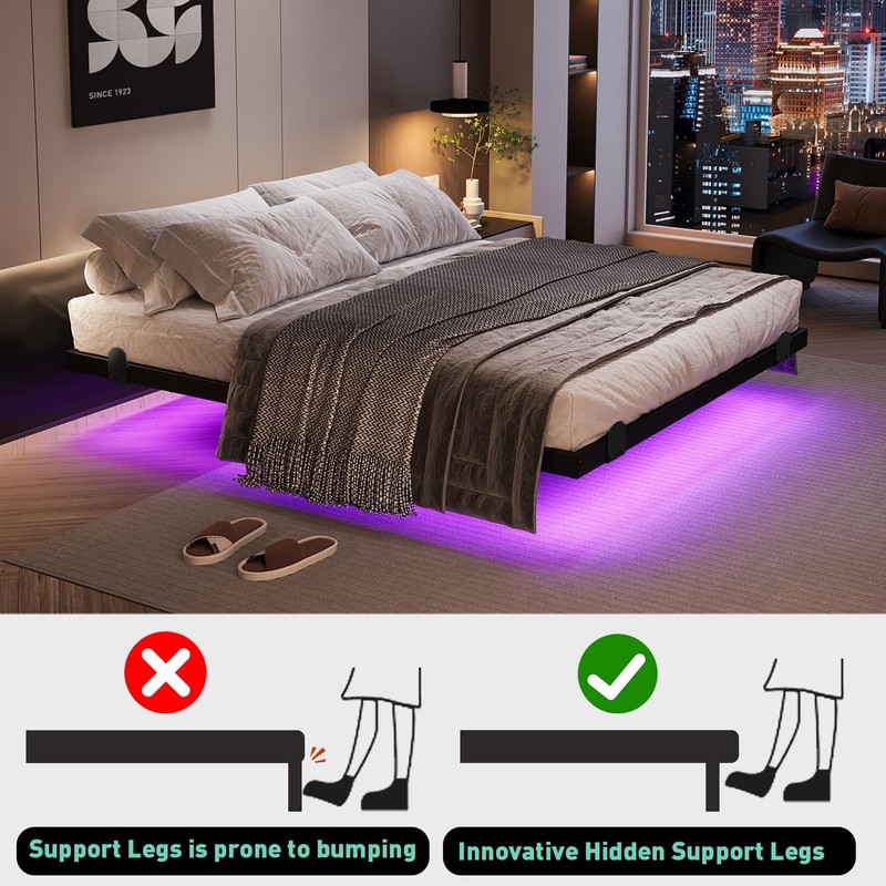 Floating Bed Frame with LED Lights and Charging Station, 14 Inch King Size Float gallery