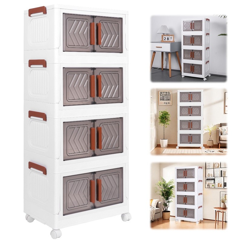 4 Tier Folding Storage Cabinet Stackable Boxes with Magnetic Doors & Wheels US gallery